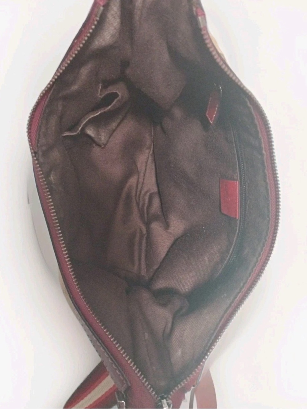 Gucci Beige GG Canvas Crossbody Bag with Burgundy Trim and Striped Strap - Picture 12 of 15